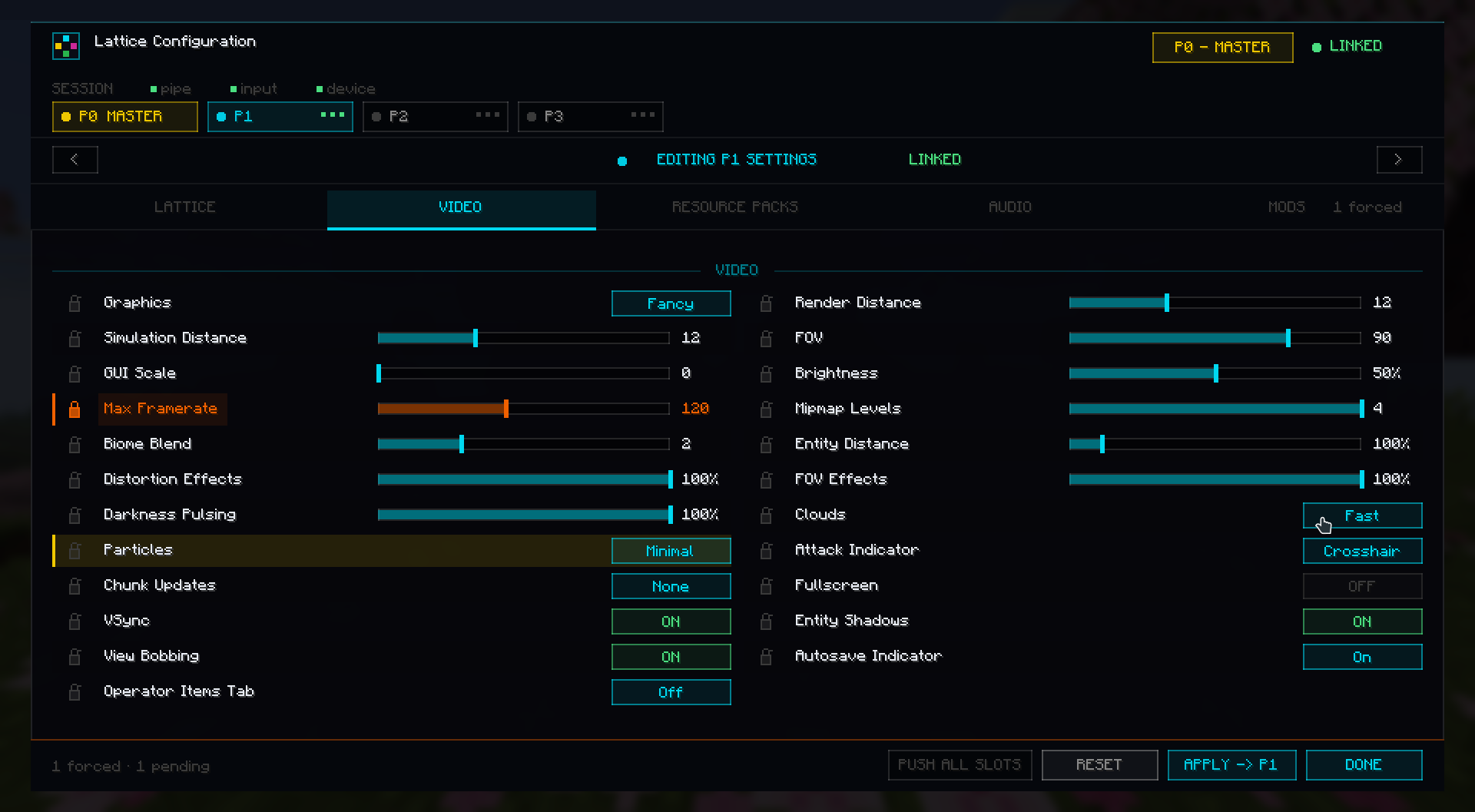 Minecraft master settings screen